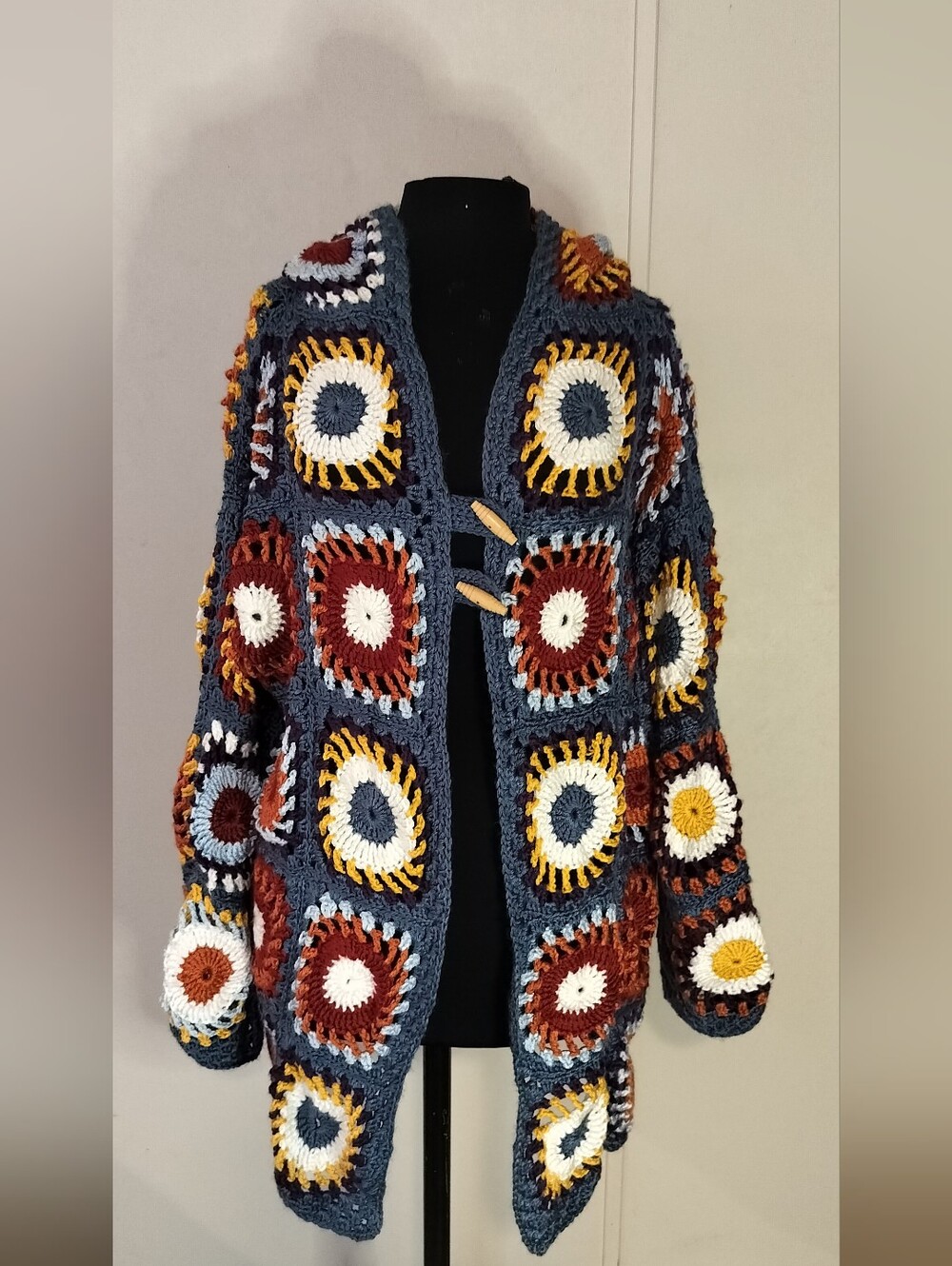 Hand Crafted Navy Crochet Granny Square Cardigan with Mustard & Rust Accents